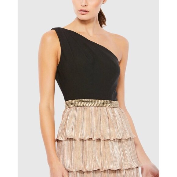Mac Duggal Sz 4 26541 One Shoulder Gold Black Layered Ruffle Tiered Dress Gown - Picture 3 of 12